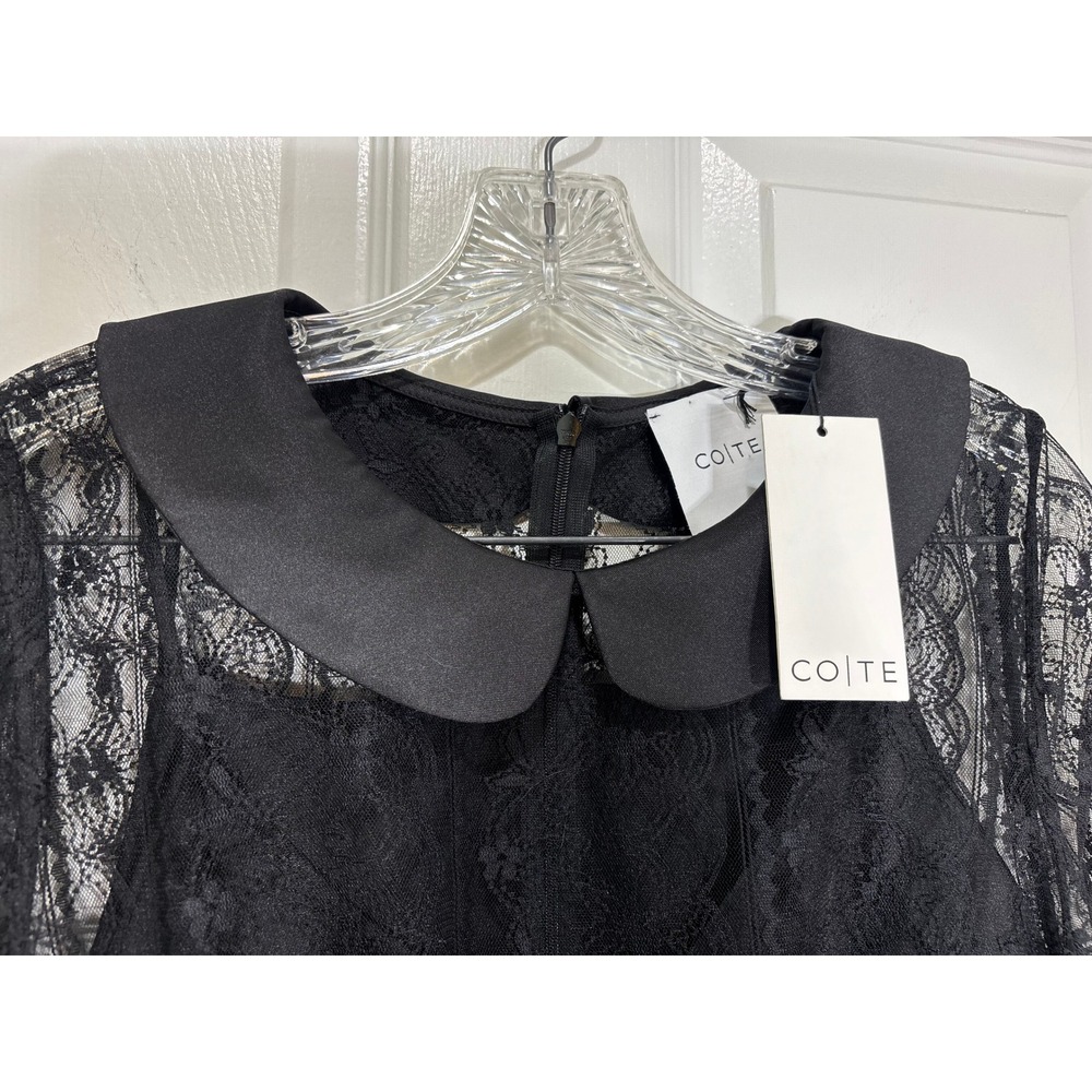CO-TE Black Lace Dress Peter Pan Collar Ruffles Pockets Made In Italy, Size 46 - Picture 6 of 12
